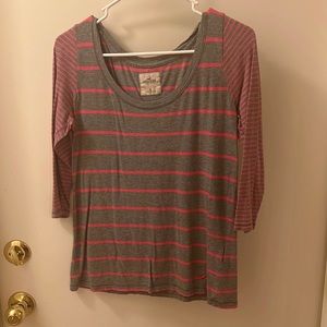 Grey and pink striped 3 quarter sleeve shirt